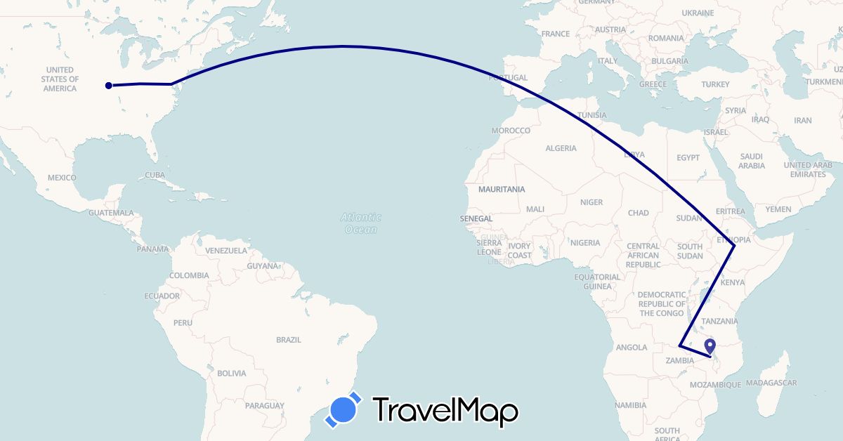 TravelMap itinerary: driving in Democratic Republic of the Congo, Ethiopia, Malawi, United States (Africa, North America)
